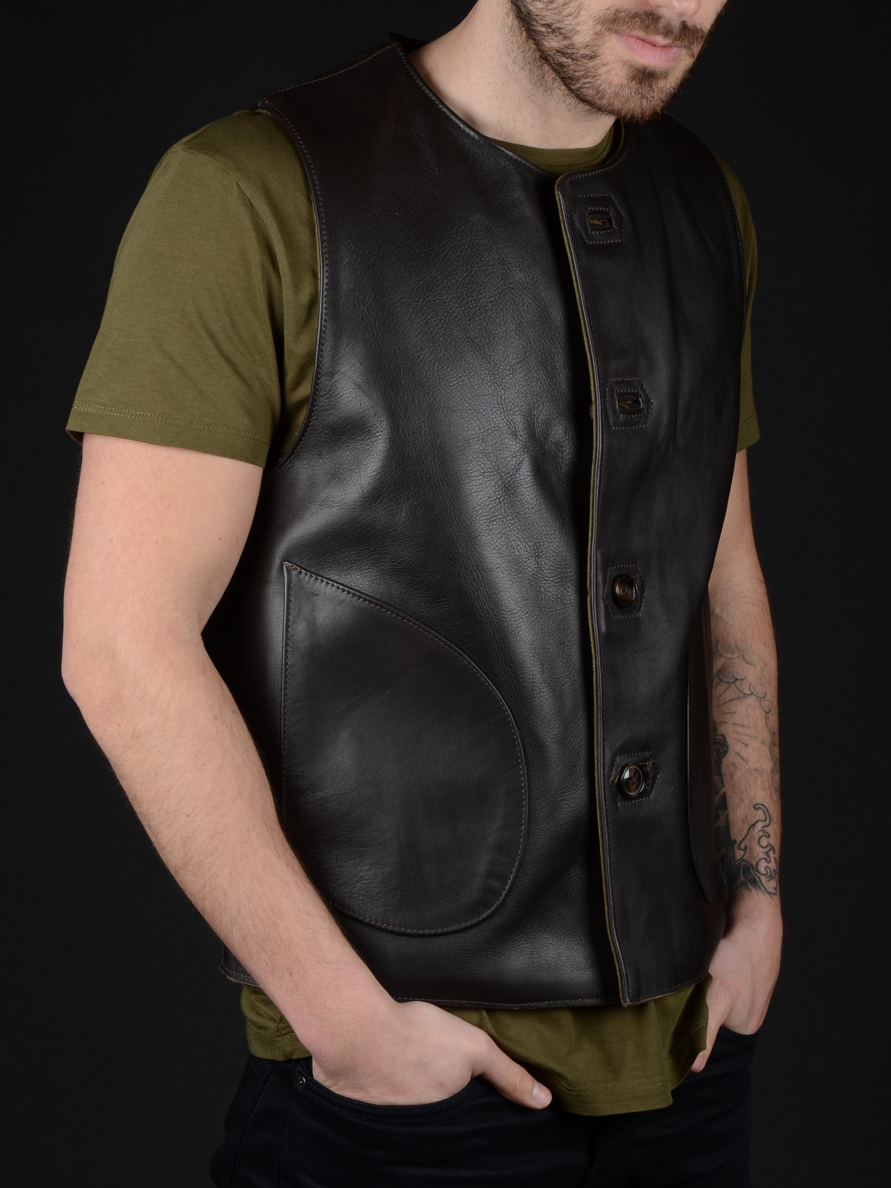 Macone Leather Vest - Lightweight Olive -