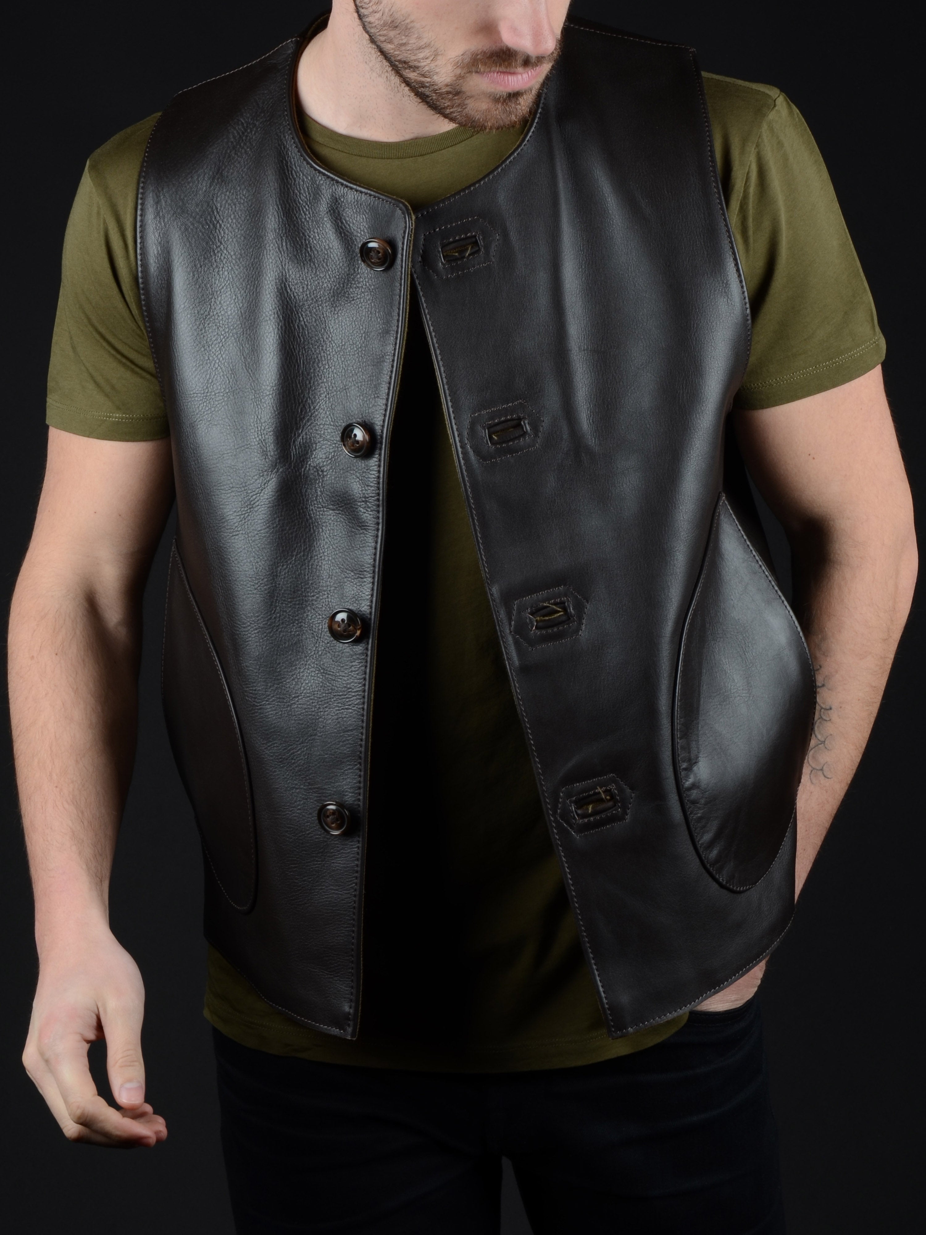 Macone Leather Vest - Lightweight Olive -